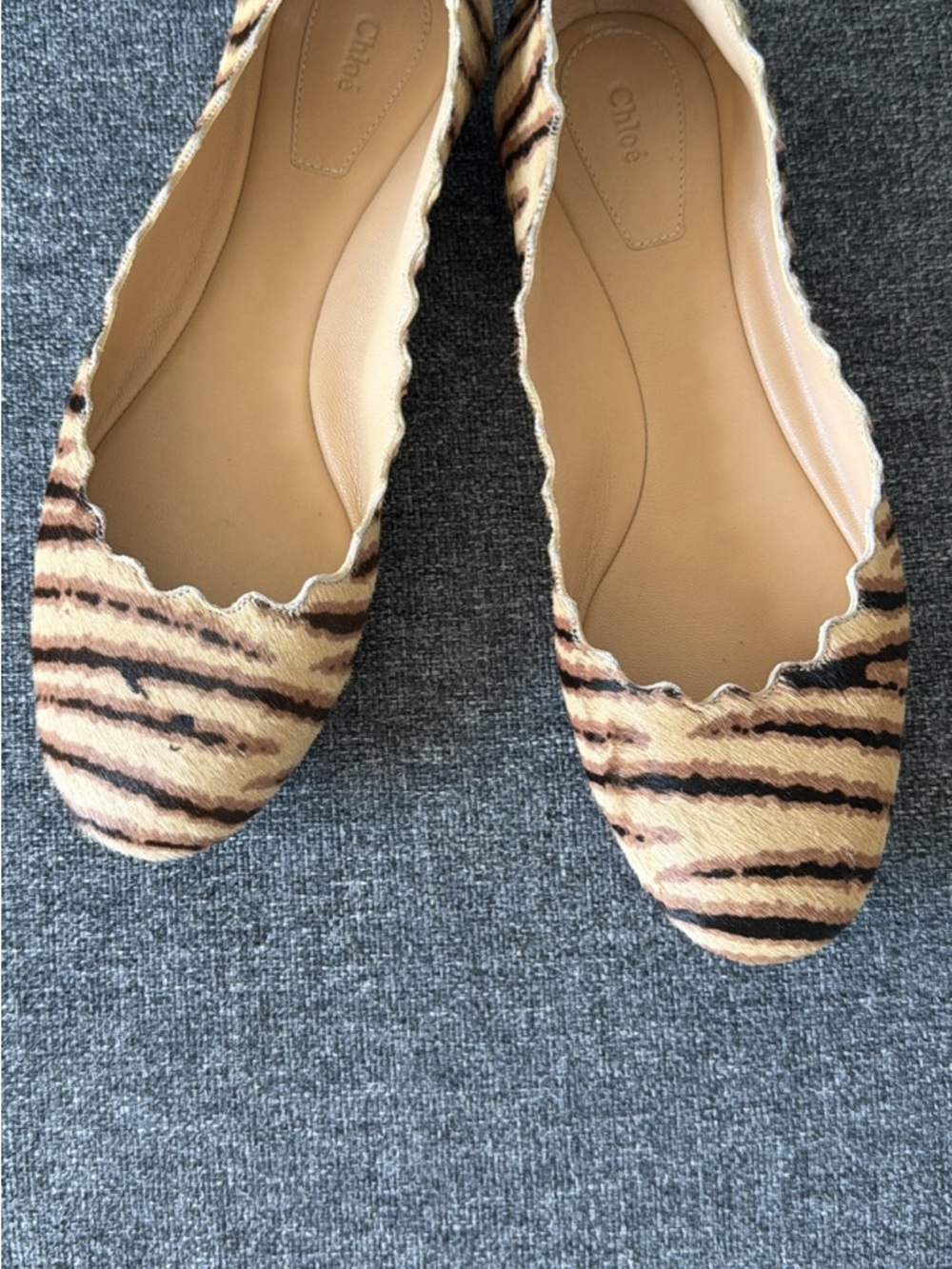 Chloé Tiger-Print Scalloped Ballet Flats in Tan & Black